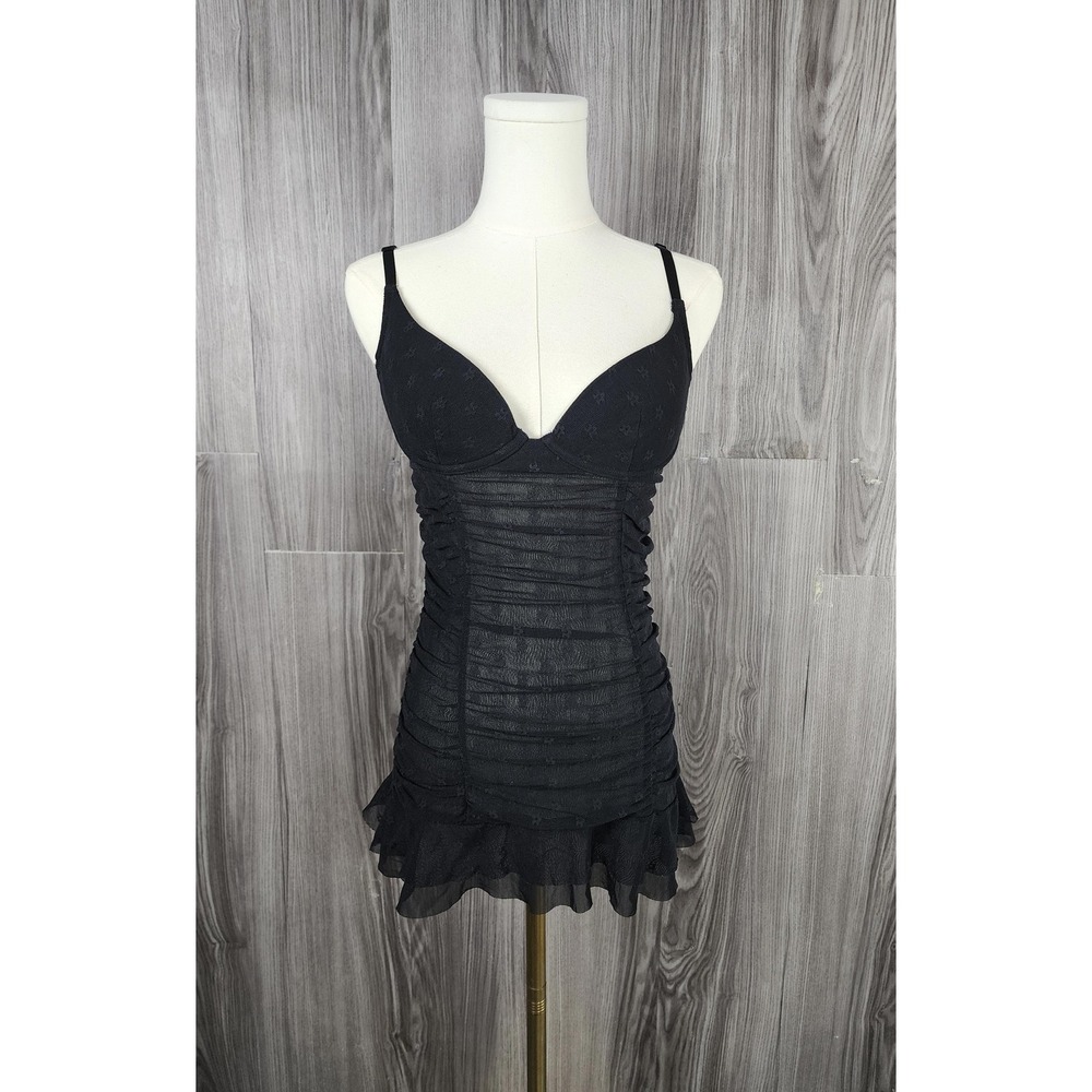 Victoria's Secret Sexy Little Things Black Ruched Mesh Floral Slip Dress Medium